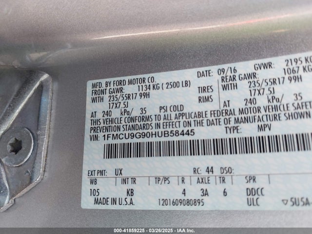 1FMCU9G90HUB58445 Ford ESCAPE SE