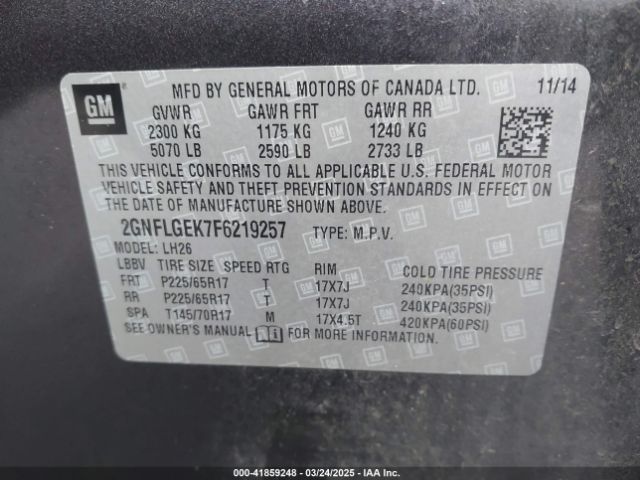 2GNFLGEK7F6219257 Chevrolet lea - flex fuel (gas/alc), aluminum, ho,
