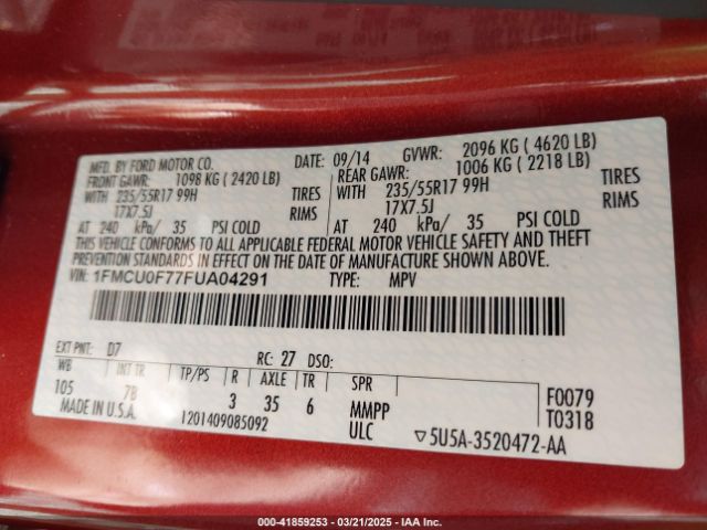 1FMCU0F77FUA04291 Ford ESCAPE S