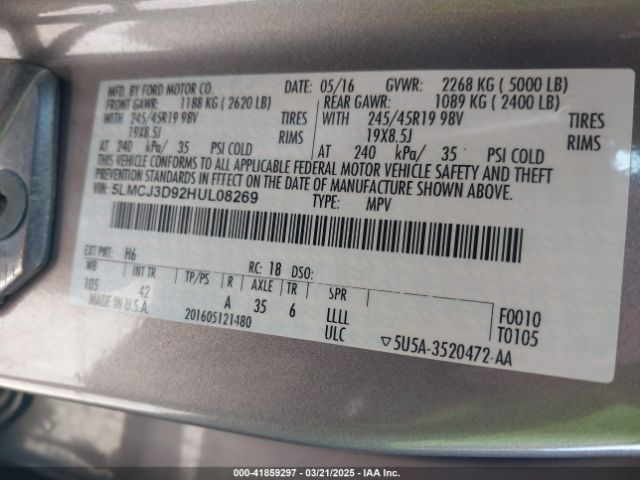 5LMCJ3D92HUL08269 Lincoln Mkc Reserve