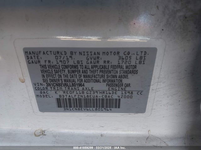 Nissan Versa Sv Xtronic Cvt 2020 3N1CN8EV6LL801964 Image 9
