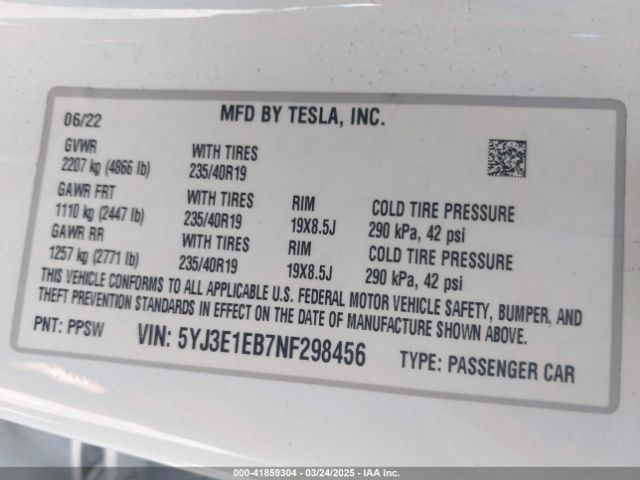 5YJ3E1EB7NF298456 Tesla Model 3 Long Range Dual Motor All-wheel Drive