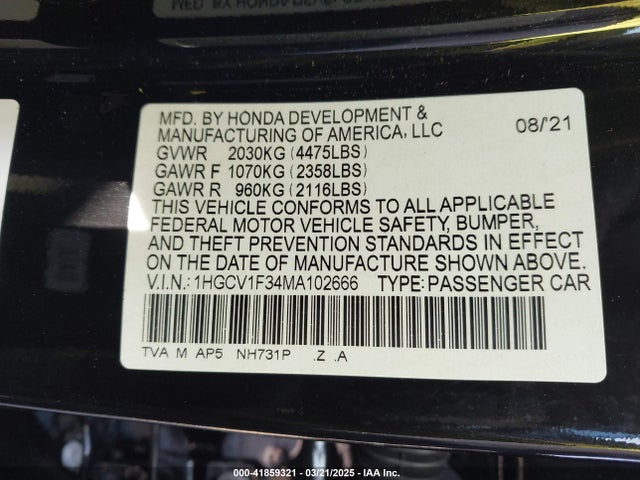 1HGCV1F34MA102666 Honda Accord Sport