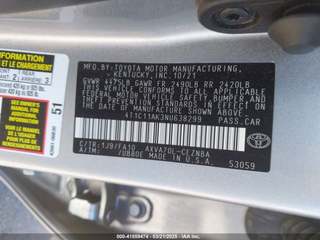 4T1C11AK3NU638299 Toyota CAMRY LE