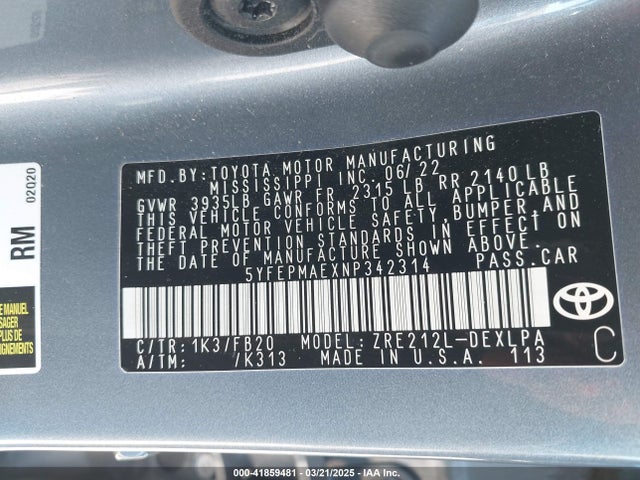 Toyota COROLLA LE 2022 5YFEPMAEXNP342314 Image 9