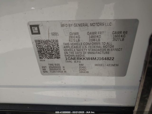 1GNERKKW4MJ164822 Chevrolet Traverse Fwd Premier