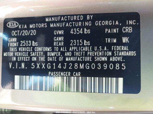 5XXG14J28MG039085 KIA K5 LXS