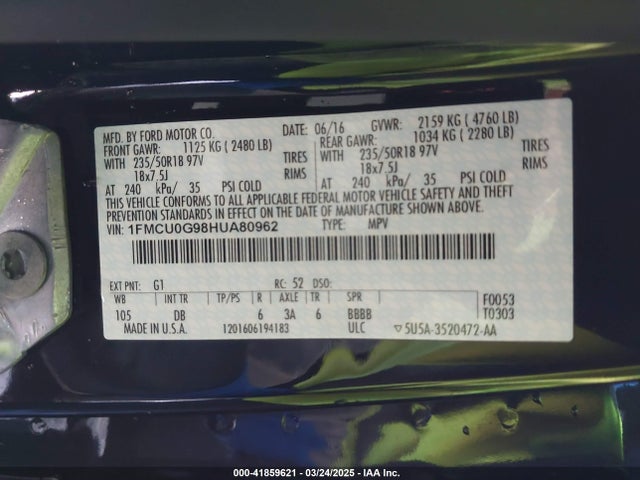 1FMCU0G98HUA80962 Ford ESCAPE SE