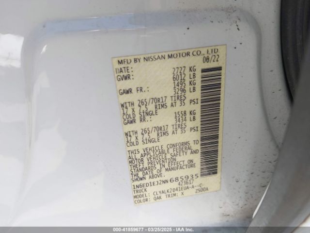 1N6ED1EJ2NN685935 Nissan Frontier Pro-x 4x2