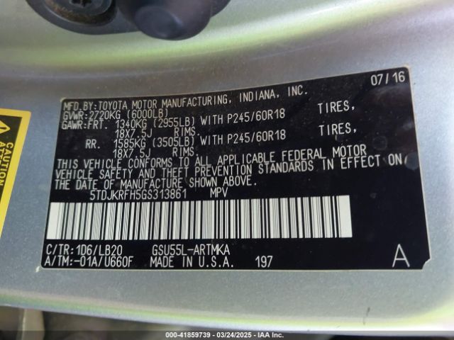 5TDJKRFH5GS313861 Toyota Highlander Xle V6