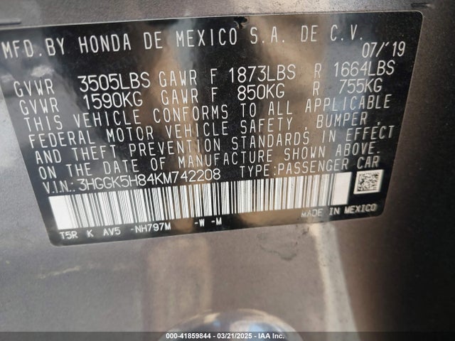 3HGGK5H84KM742208 Honda FIT EX