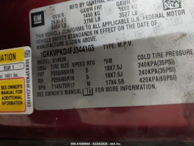1GKKVPKD4FJ344103 GMC Acadia Sle-2
