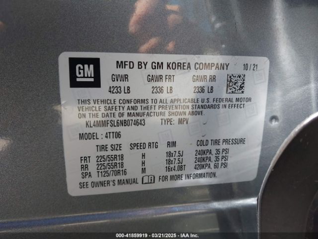 KL4MMFSL6NB074643 Buick Encore Gx Fwd Essence