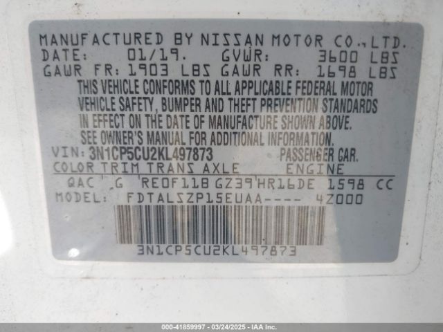 3N1CP5CU2KL497873 Nissan KICKS SV