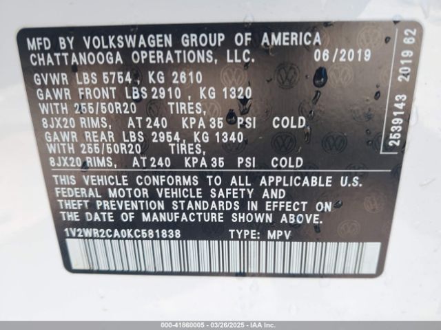 1V2WR2CA0KC581838 Volkswagen Atlas 3.6l V6 Se W/technology