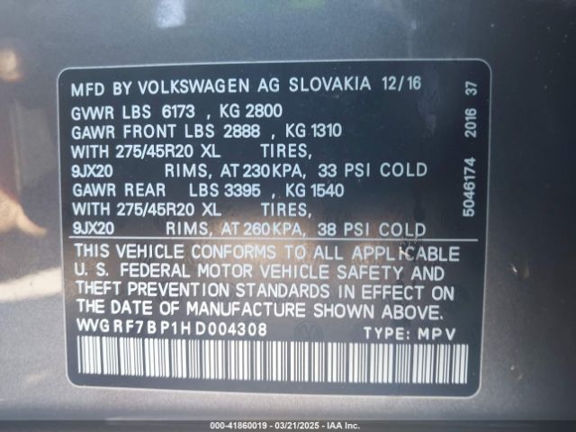 WVGRF7BP1HD004308 Volkswagen Touareg V6 Wolfsburg Edition