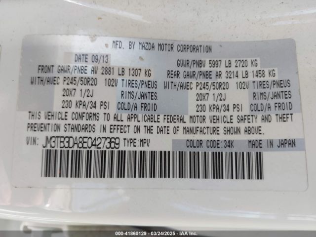 JM3TB3DA8E0427369 Mazda Cx-9 Grand Touring