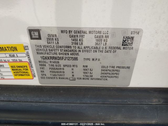 1GKKRRKD6FJ127586 GMC Acadia Slt-1