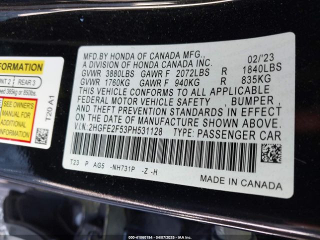 2HGFE2F53PH531128 Honda Civic Sport