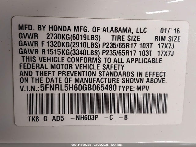 5FNRL5H60GB065480 Honda Odyssey Ex-l