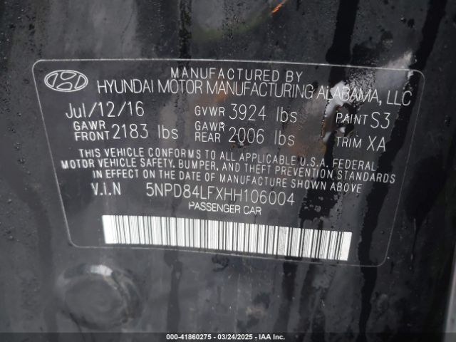 5NPD84LFXHH106004 Hyundai Elantra Limited