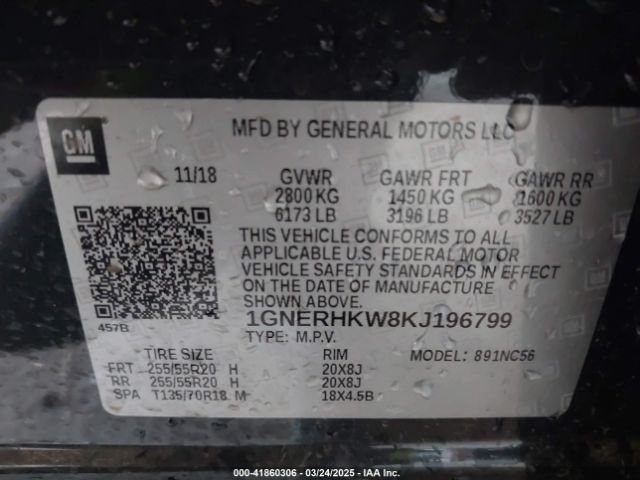 1GNERHKW8KJ196799 Chevrolet Traverse 3lt
