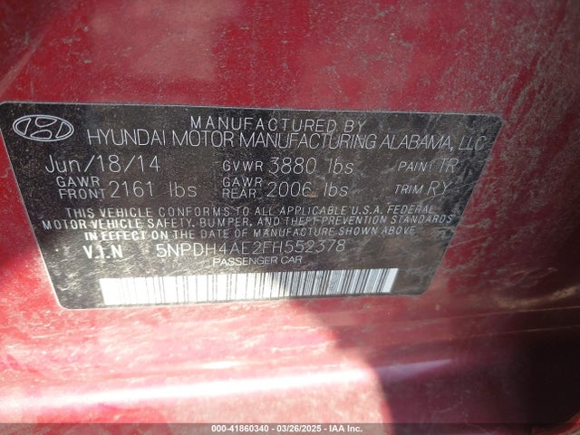 Hyundai Elantra Limited 2015 5NPDH4AE2FH552378 Image 9