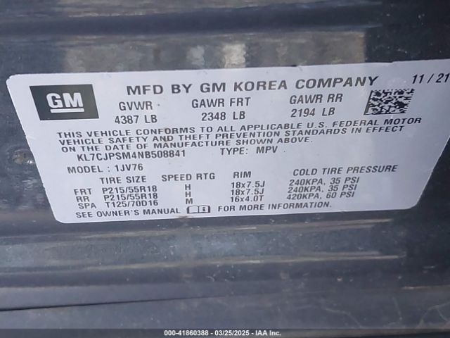 KL7CJPSM4NB508841 Chevrolet Trax Awd Lt