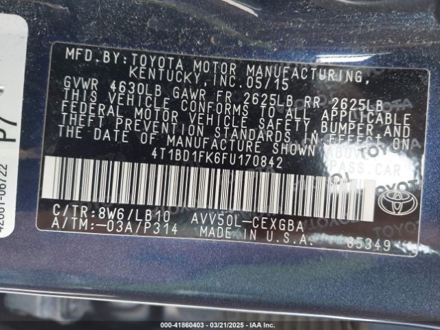 4T1BD1FK6FU170842 Toyota Camry Hybrid Xle