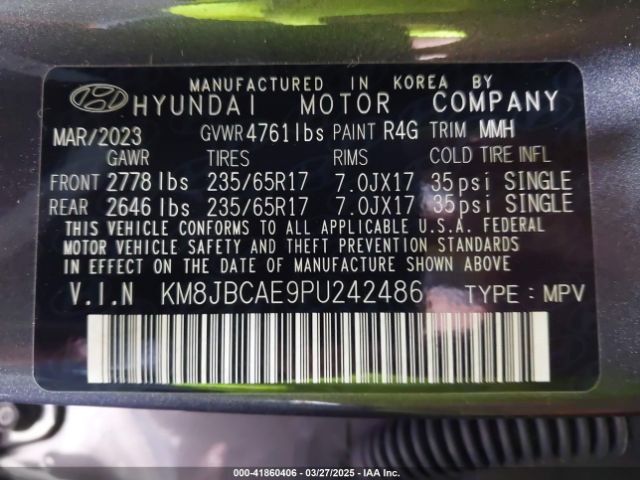 KM8JBCAE9PU242486 Hyundai TUCSON SEL