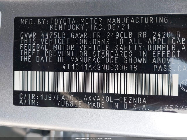 Toyota CAMRY LE 2022 4T1C11AK8NU630618 Image 9