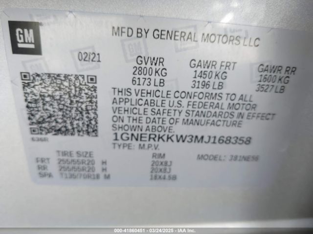 1GNERKKW3MJ168358 Chevrolet Traverse Fwd Premier