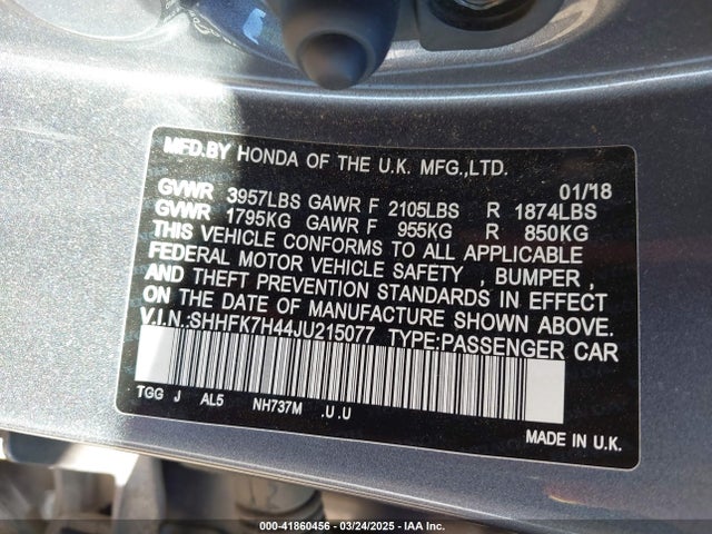 SHHFK7H44JU215077 Honda Civic Sport