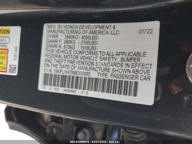 19XFL1H70NE009885 Honda Civic Ex-l