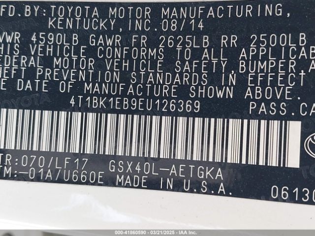 4T1BK1EB9EU126369 Toyota Avalon Xle Premium