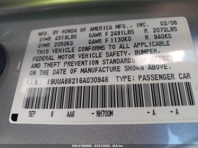 2006 ACURA TL 19UUA66216A030946 Photo 8