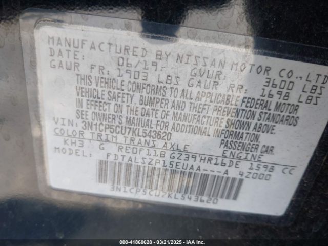 3N1CP5CU7KL543620 Nissan KICKS SV