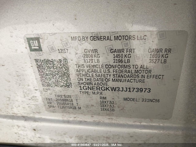 1GNERGKW3JJ173973 Chevrolet Traverse 1lt