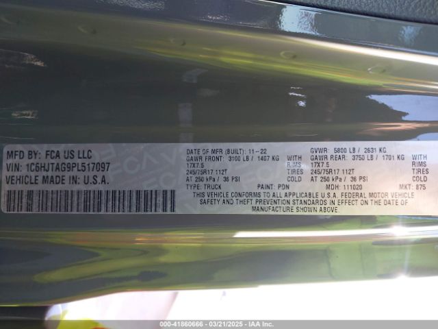 1C6HJTAG9PL517097 Jeep Gladiator Freedom 4x4