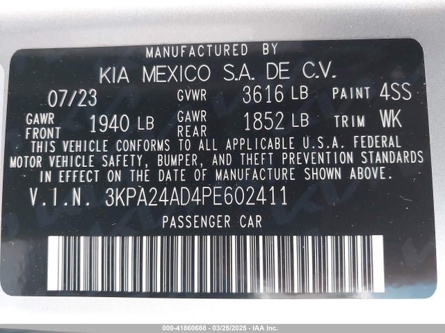 3KPA24AD4PE602411 KIA RIO S