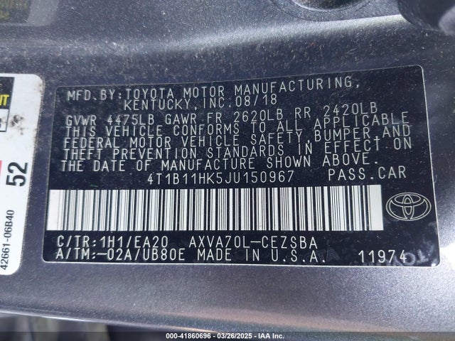 4T1B11HK5JU150967 Toyota CAMRY SE