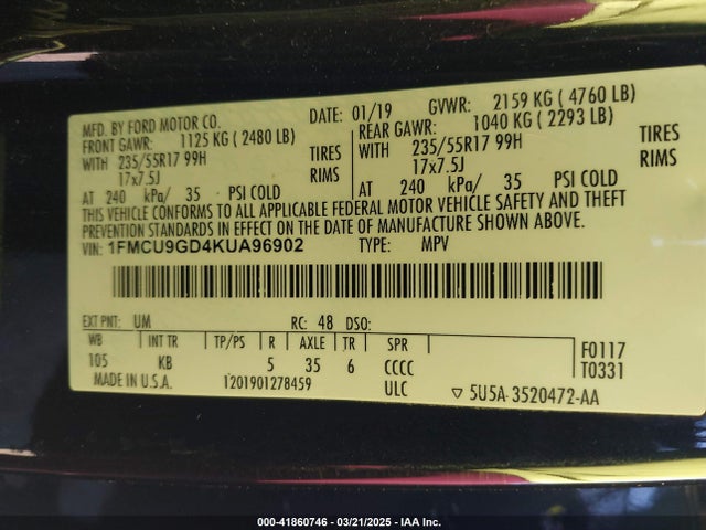 1FMCU9GD4KUA96902 Ford ESCAPE SE