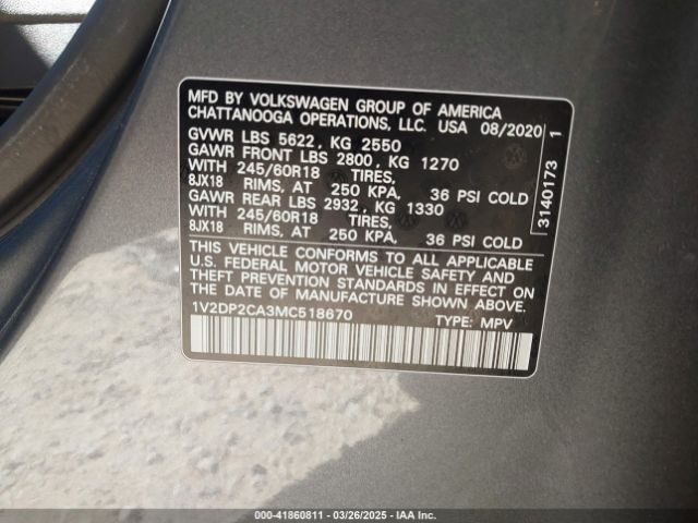 1V2DP2CA3MC518670 Volkswagen Atlas 2.0t Se