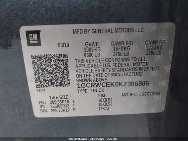 1GCRWCEK5KZ306806 Chevrolet Silverado 1500 Lt