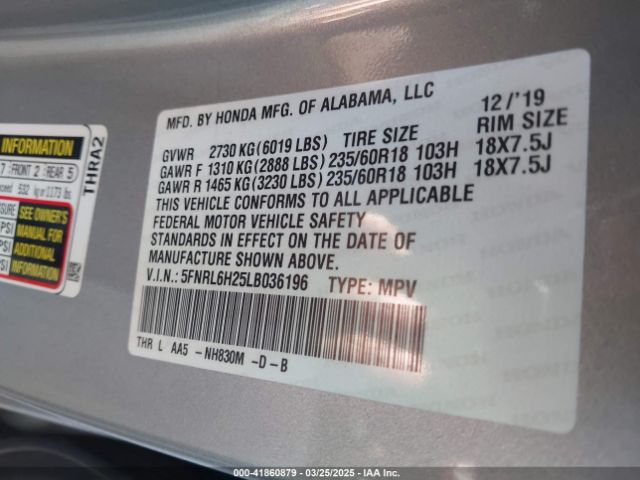5FNRL6H25LB036196 Honda ODYSSEY LX
