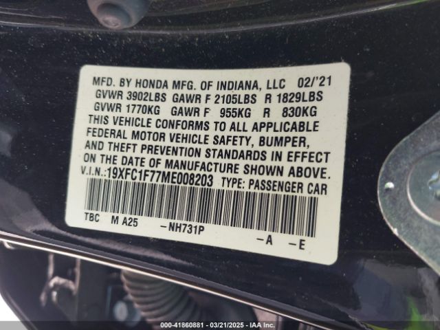 19XFC1F77ME008203 Honda Civic Ex-l