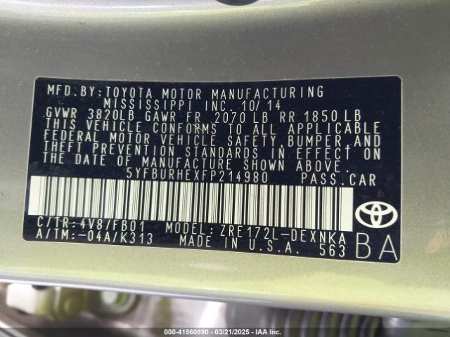 5YFBURHEXFP214980 Toyota Corolla Le Plus