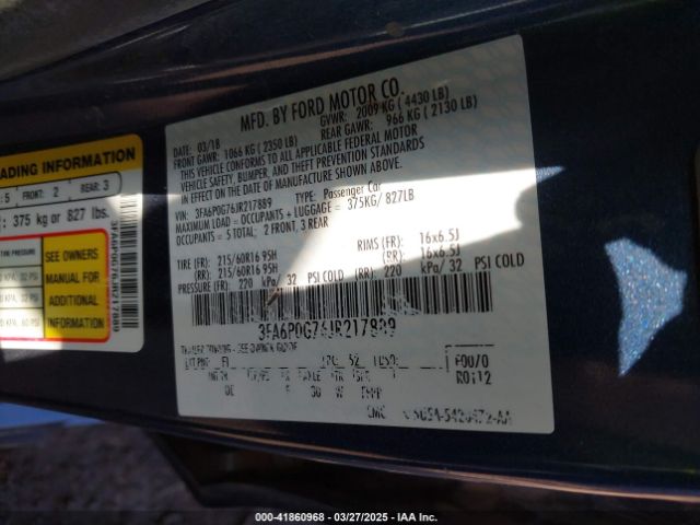 3FA6P0G76JR217889 Ford FUSION S