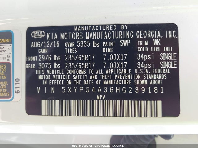 5XYPG4A36HG239181 KIA Sorento 2.4l Lx