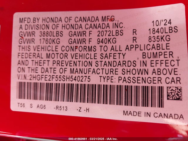 Honda Civic Sport 2025 2HGFE2F55SH540275 Image 9